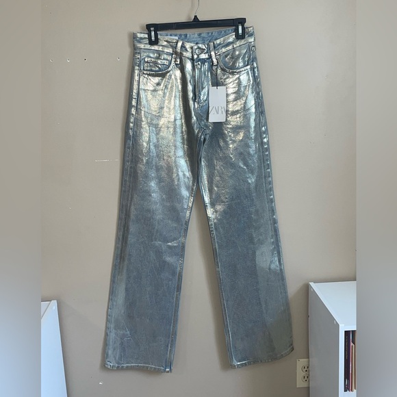 Zara NWT silver coated metallic Jean pants , with distressing at legs size 4 - Picture 2 of 7